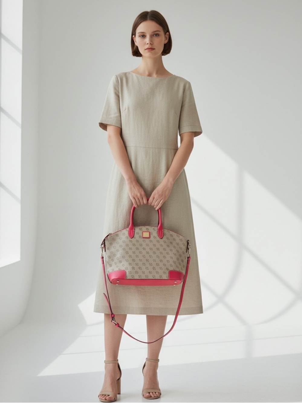 Dooney & Bourke Signature monogram satchel features vibrant pink leather trim